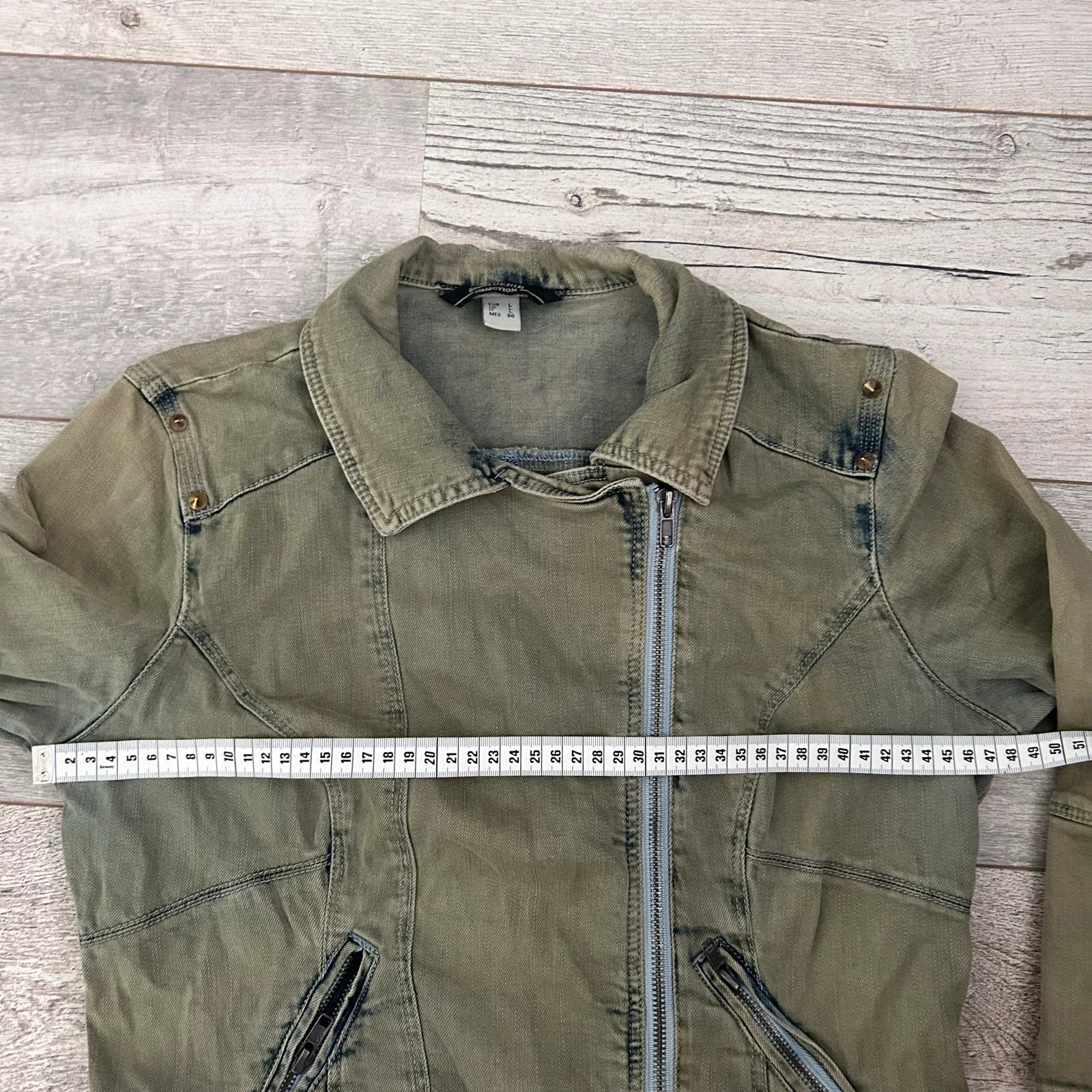 Bershka Stoer Biker Chaqueta de Mezclilla Verde Oliva con Tachuelas – Talla S – photo 11